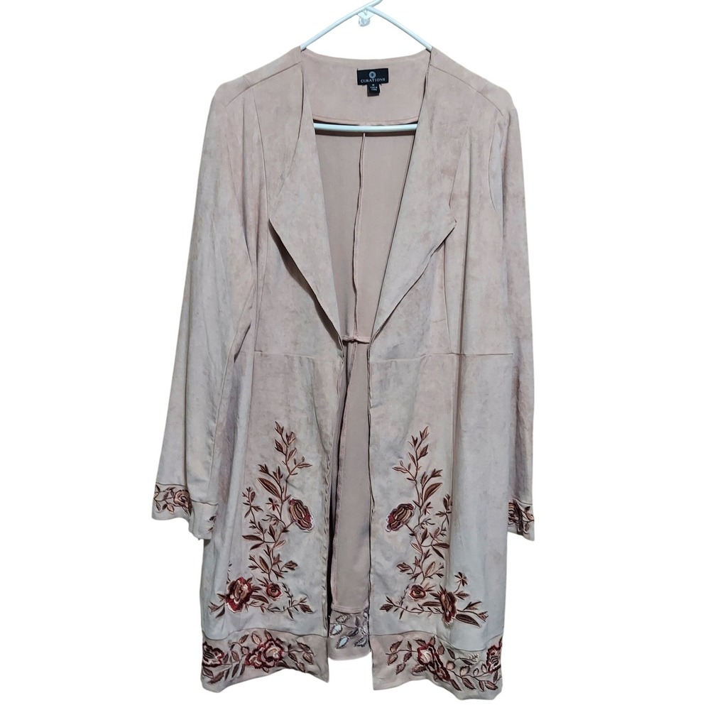 Curations Womens M Faux Suede Embroidered Floral Duster Jacket Pink Blush Kimono
